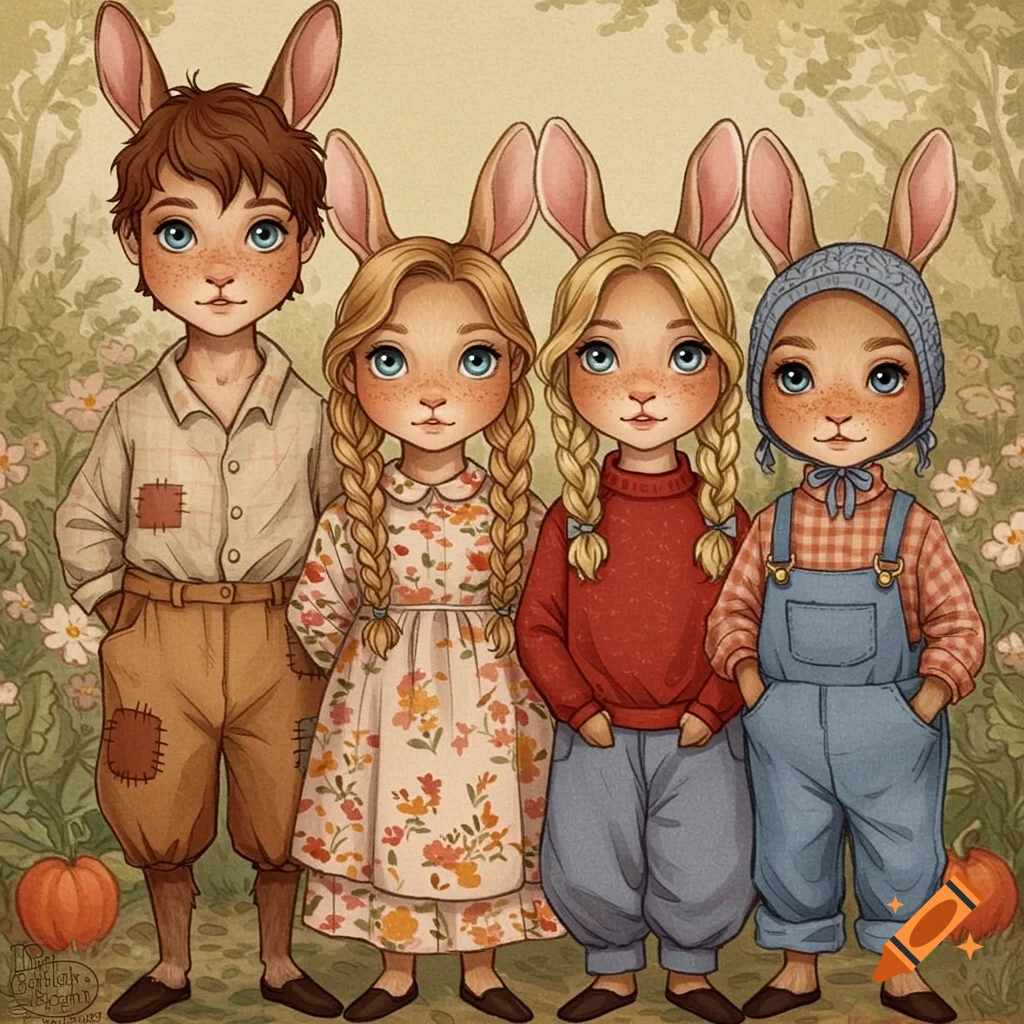 A storybook illustration of four anthropomorphic children with bunny ears, dressed in old-fashioned clothing, standing in a garden with pumpkins.