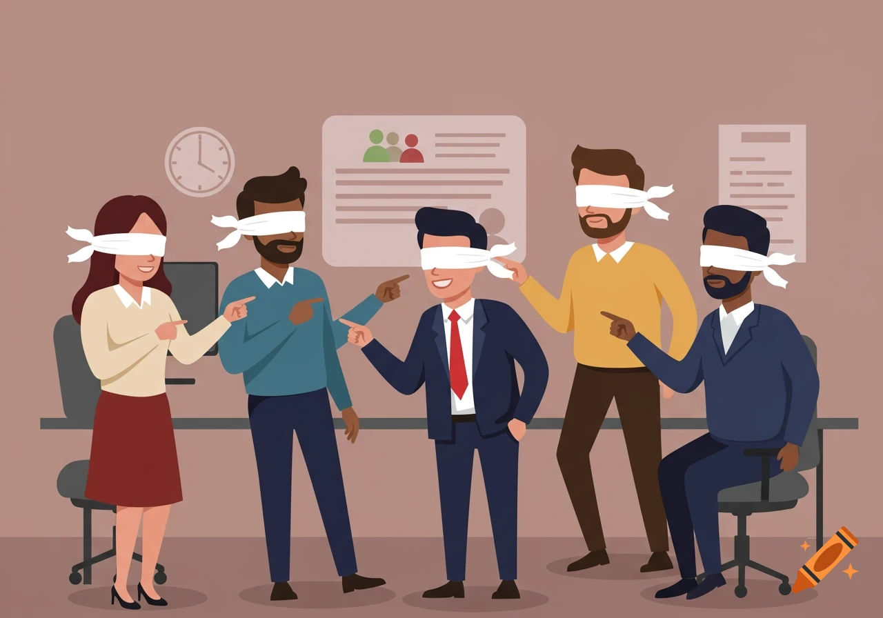 Cartoon illustration of five blindfolded diverse colleagues pointing at each other in an office, symbolizing bias and peer evaluation.