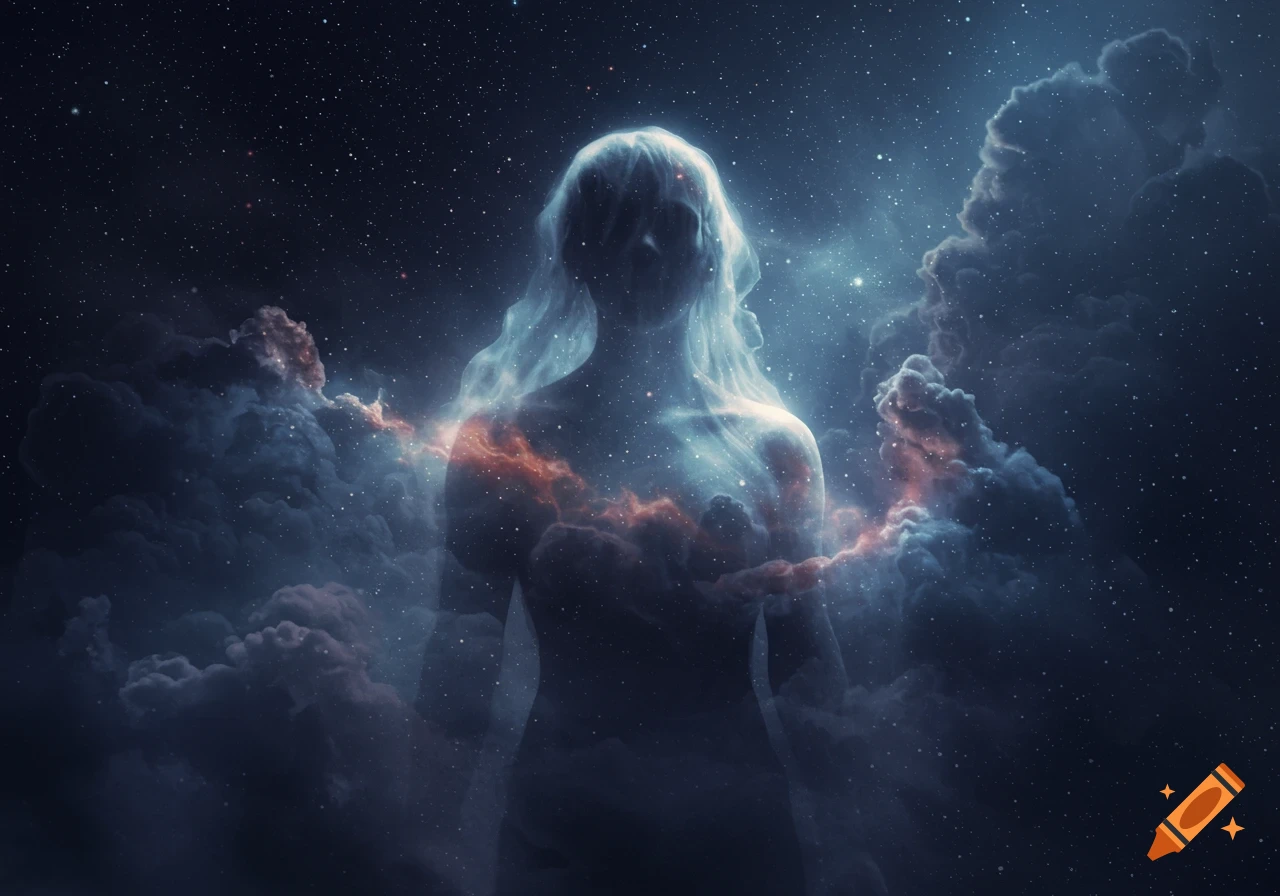Luminous ethereal figure made of stars and nebulae stands against a starry cosmic background.