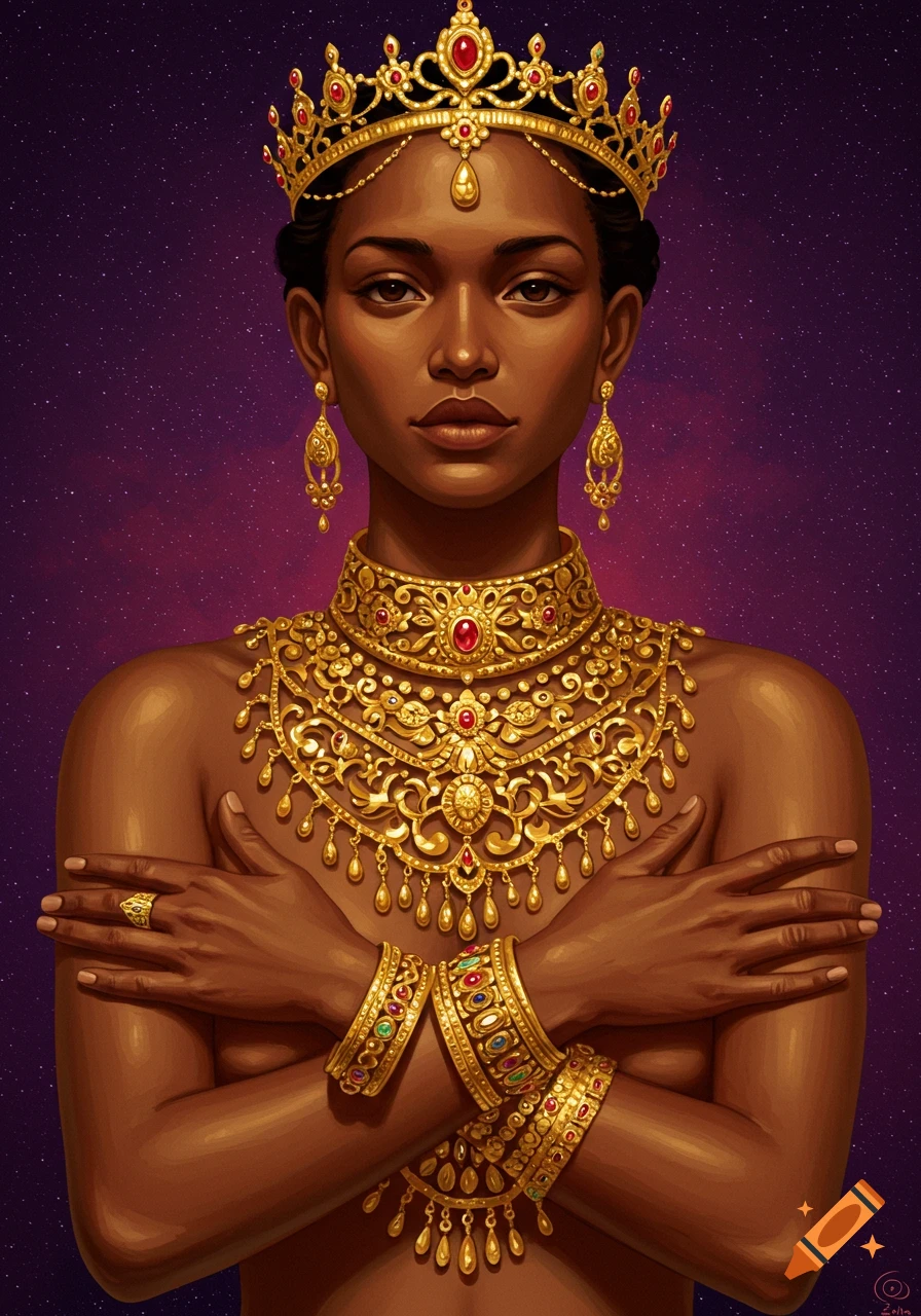 Portrait of a dark-skinned queen wearing an ornate gold crown and intricate gold jewelry against a starry purple background.