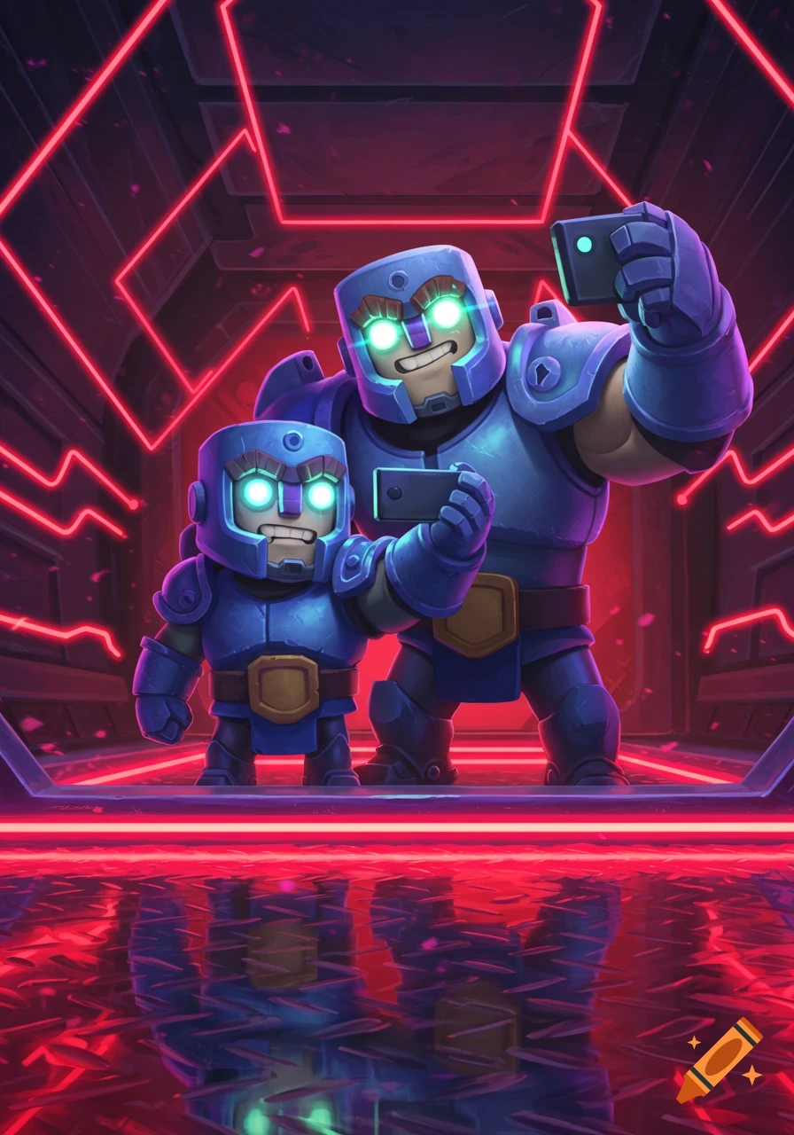 Two blue armored characters with glowing eyes take a selfie in a dark room with red neon lights and a reflective floor, cartoon style.