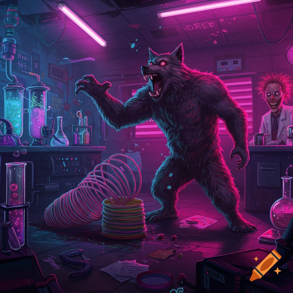 A roaring werewolf stands in a neon-lit, 80s horror laboratory with a grinning mad doctor and bubbling experiments.