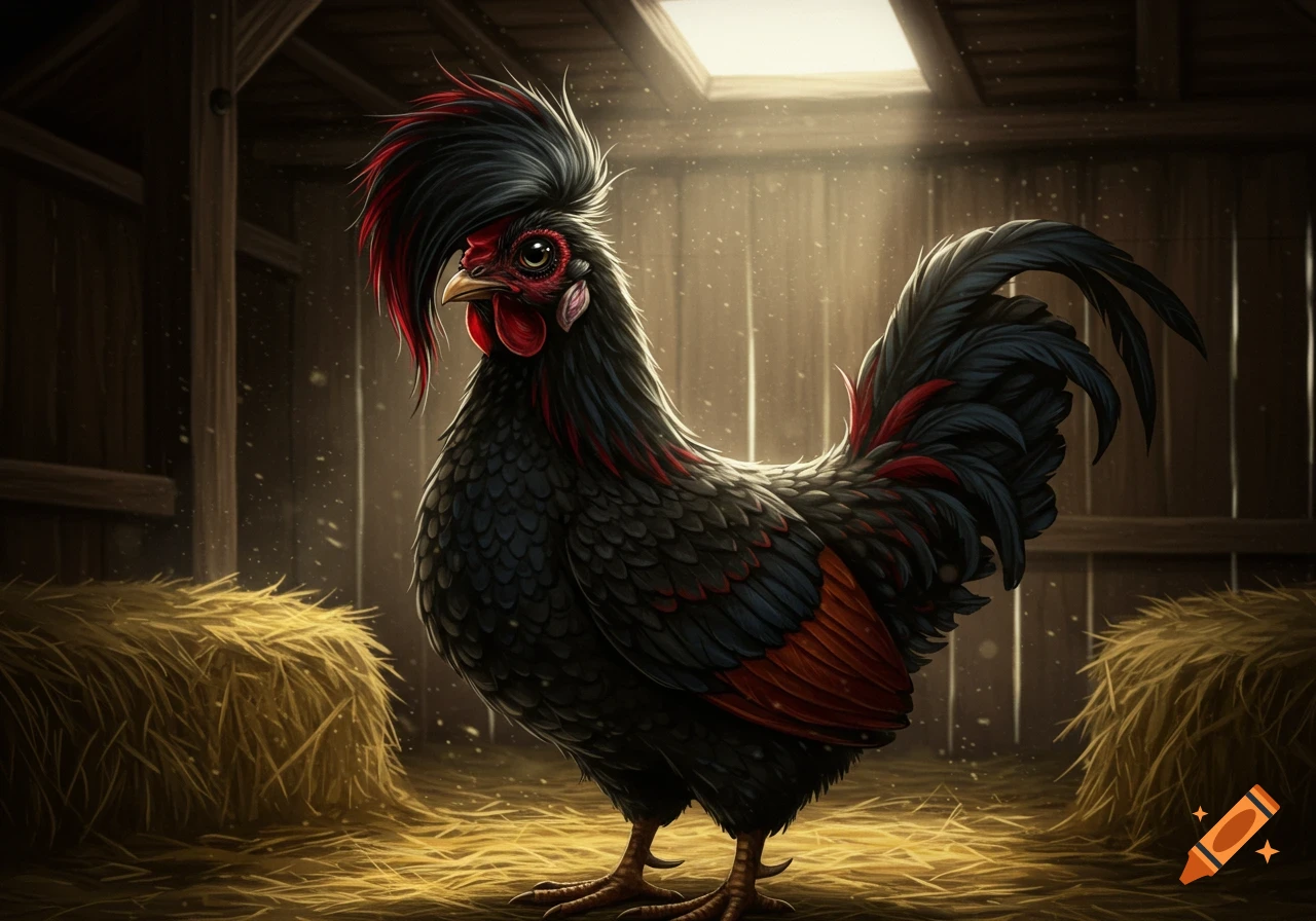 A black chicken with a red and black mohawk-like crest stands in a dimly lit barn with hay bales, dust motes in the light.