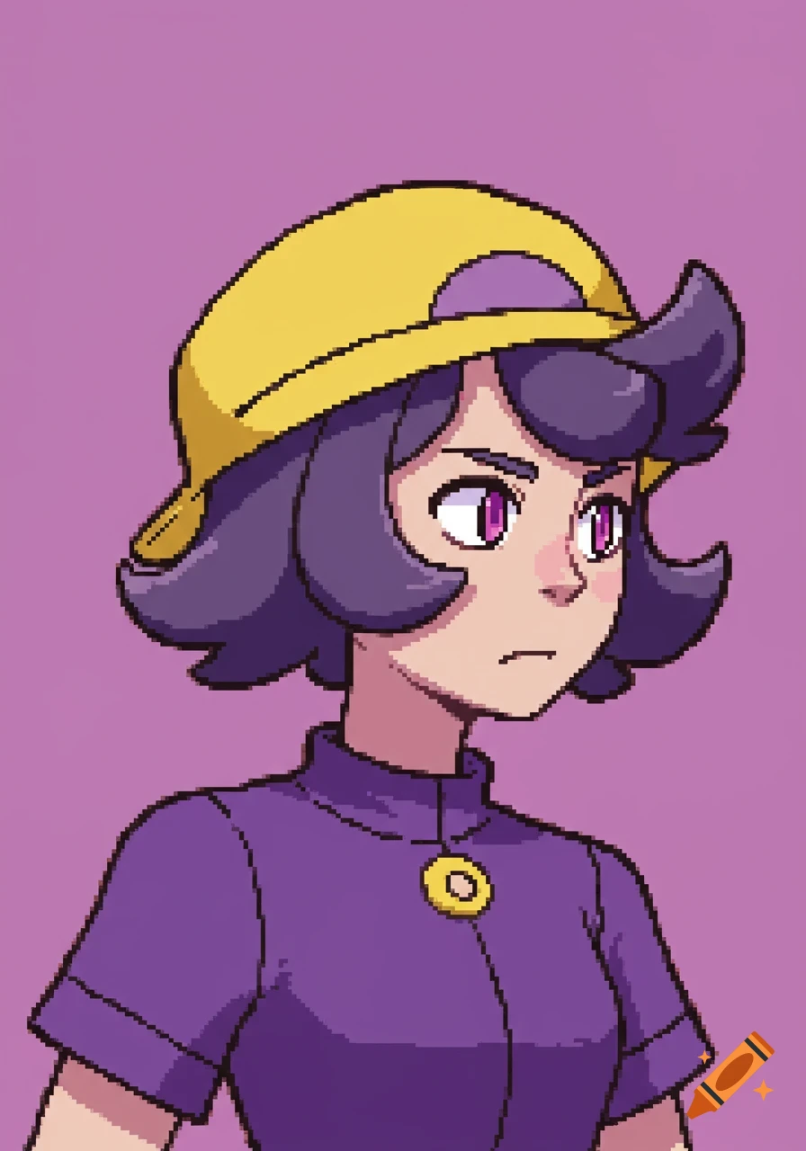 Pixel art portrait of a determined non-binary character with purple hair and yellow hat, wearing a purple top, looking right.