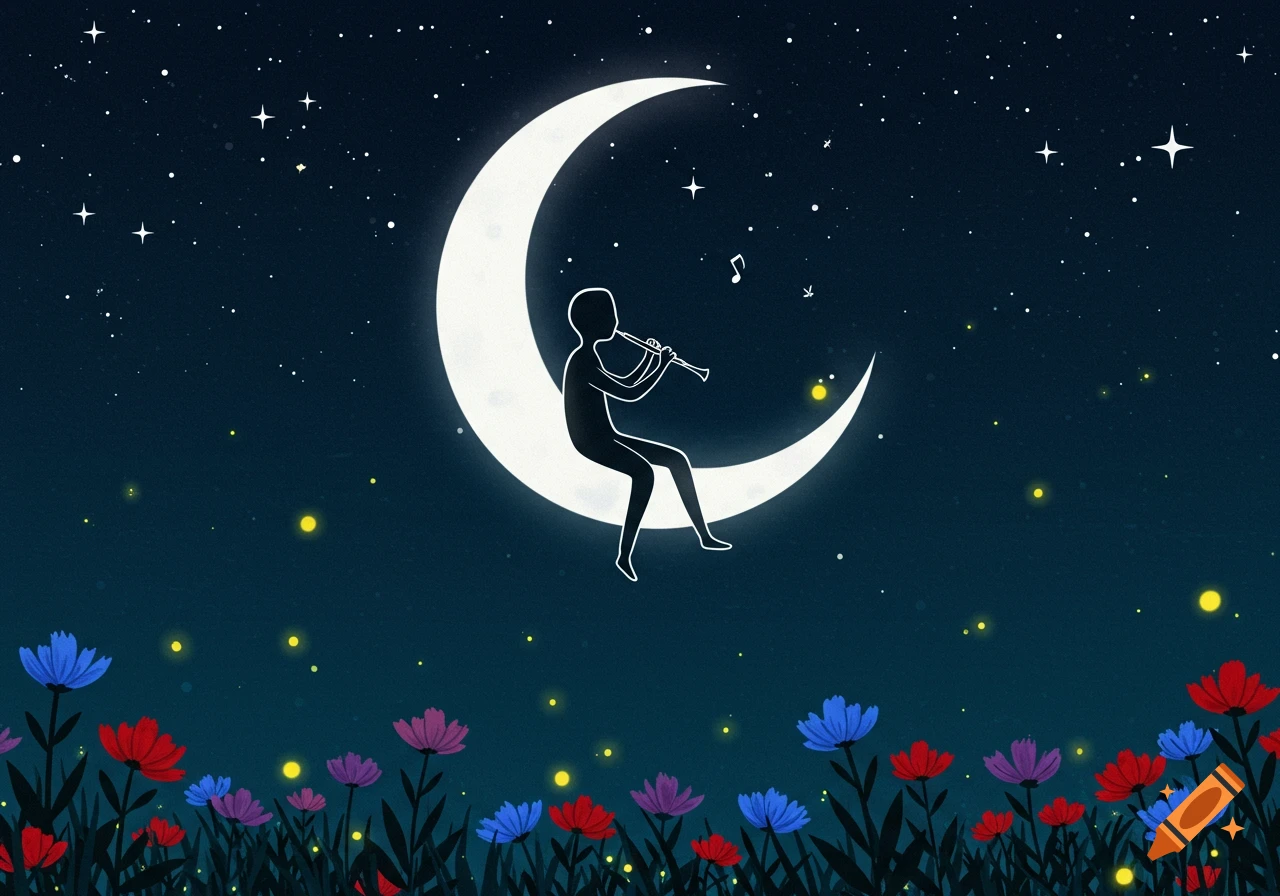 A stylized silhouette of a person sits on a crescent moon, playing a clarinet, with stars and fireflies in the night sky and a flower garden below.