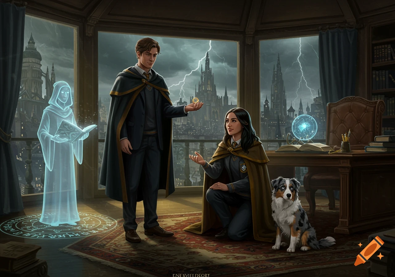 A digital painting of a man, a kneeling woman, a ghost, and a dog in a study overlooking a stormy fantasy city.