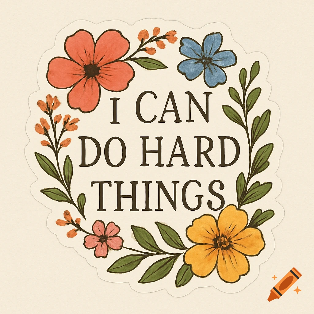 A decorative sticker with a floral border and the inspirational quote 'I CAN DO HARD THINGS'.