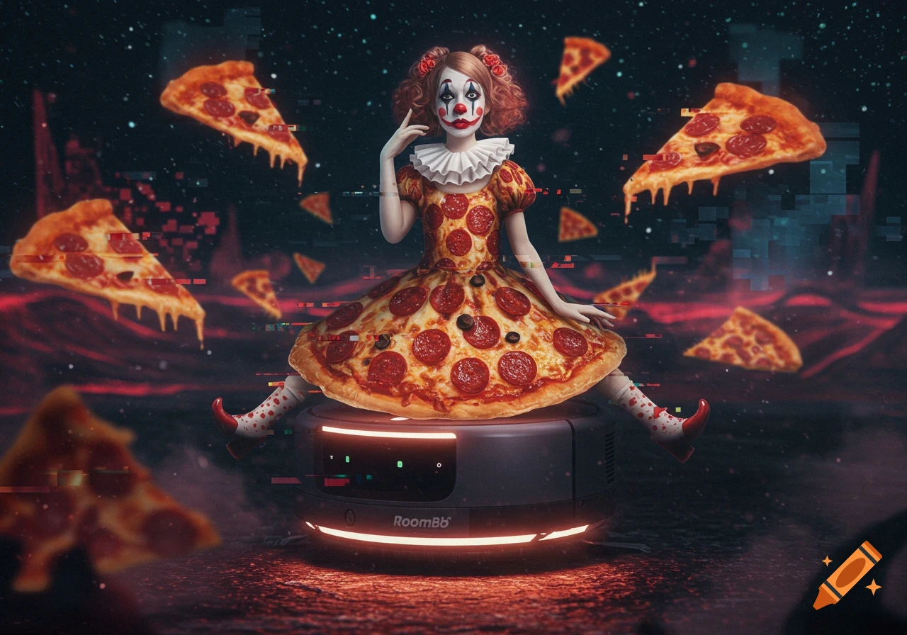 A clown-like woman in a pizza dress sits on a Roomba, surrounded by floating pizza slices and digital glitches in a dark, starry space.