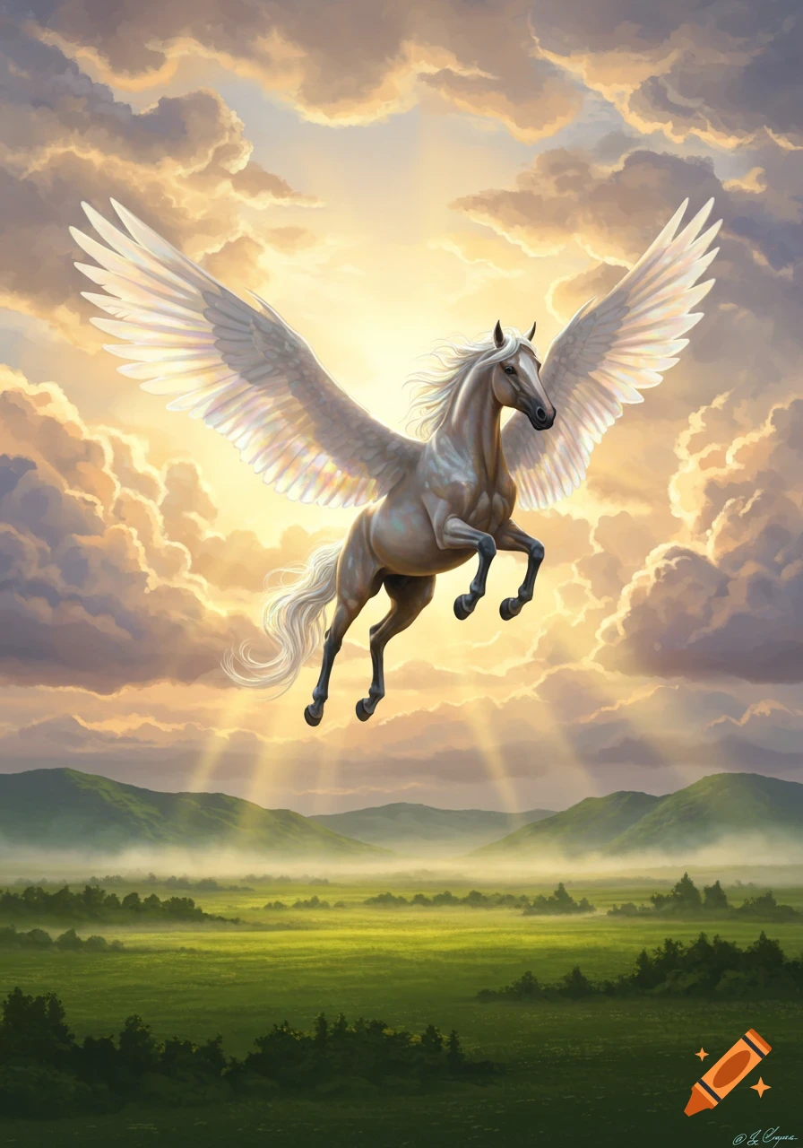 A majestic white Pegasus with large wings soars above green fields and mountains under a sunlit, cloudy sky.