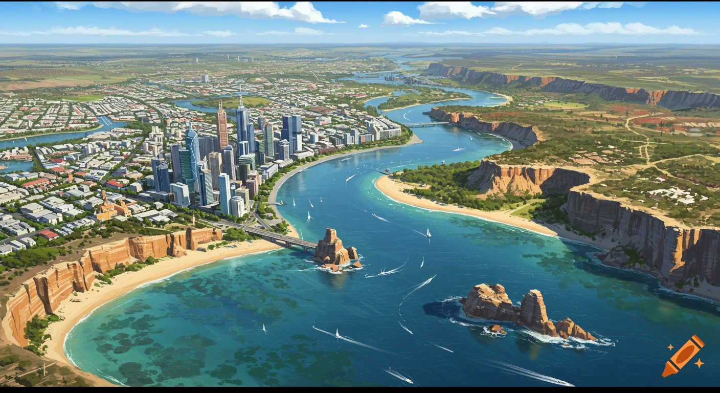 An aerial view of a vibrant cityscape with modern skyscrapers along a wide, winding river that meets a rugged coastline and beaches, all under a bright, sunny sky.