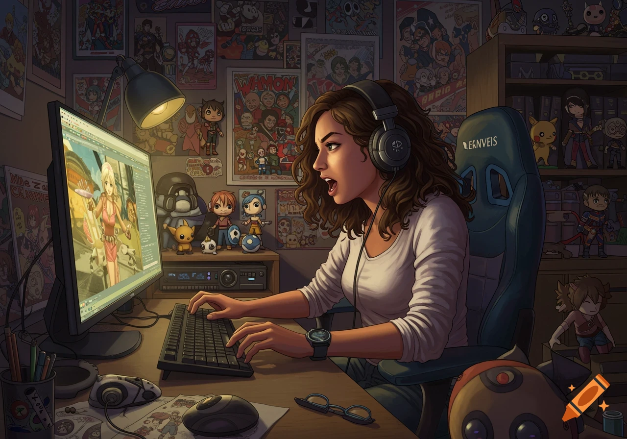 A mixed-race girl with headphones plays a game on a PC in a cluttered room filled with anime, comic, and game collectibles, in a cartoon style.