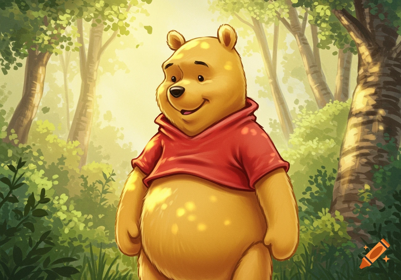 A happy Winnie the Pooh bear in his red shirt smiles in a bright, sunlit forest illustration.