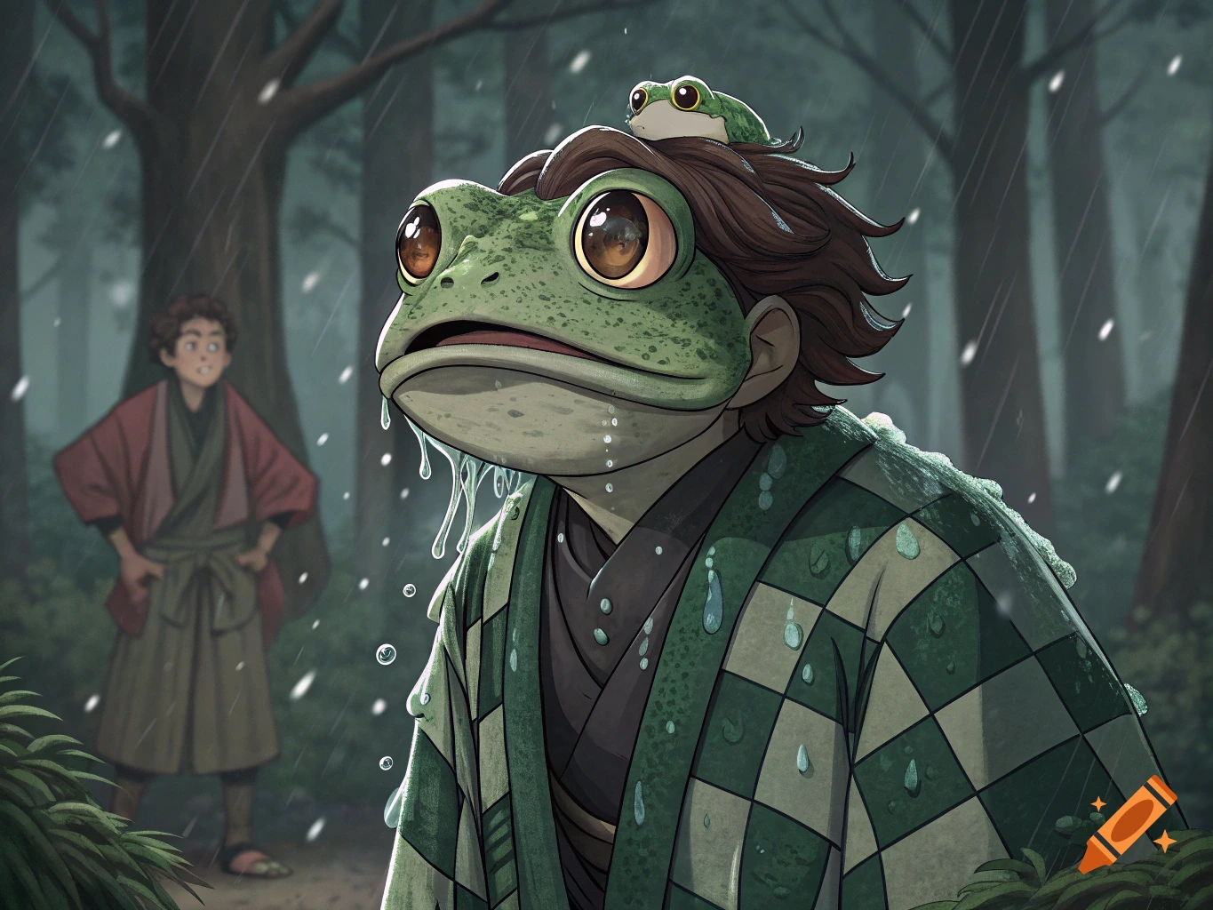 A frog-faced anime character in a green checkered haori stands in the rain with a small frog on their head in a forest.