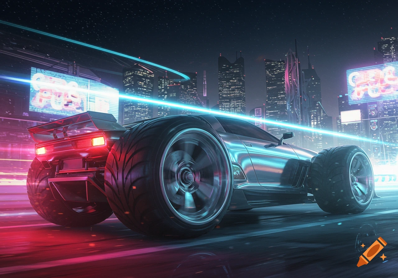 A silver futuristic race car with large wheels speeds down a wet road at night, illuminated by neon lights of a cyberpunk city.