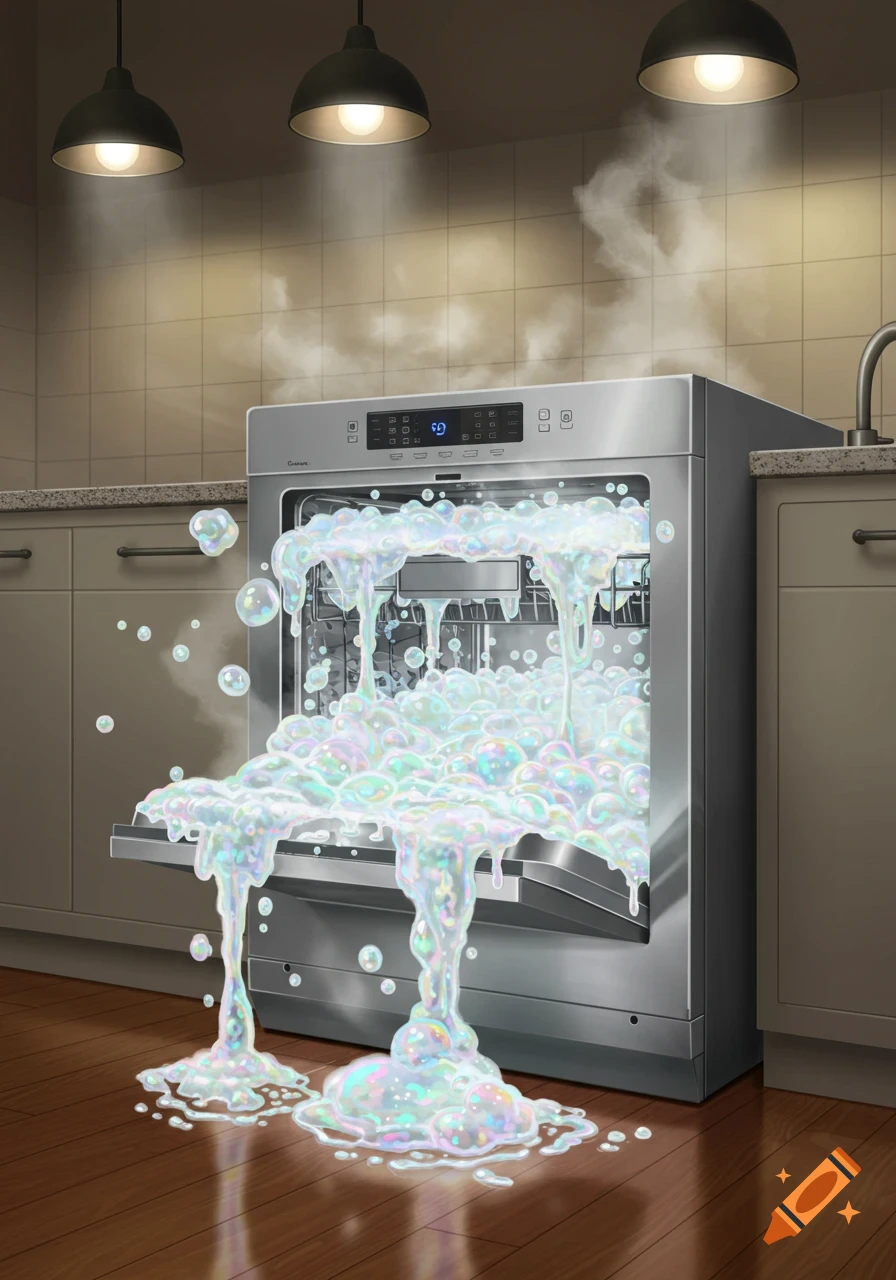 A cartoon-style image of a silver dishwasher in a kitchen overflowing with a massive amount of iridescent bubbles onto the wooden floor.