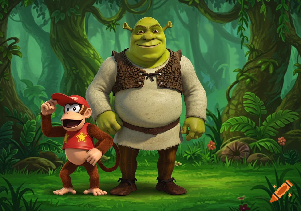 Shrek and Diddy Kong stand side-by-side in a lush green jungle, rendered in a vibrant cartoon style.