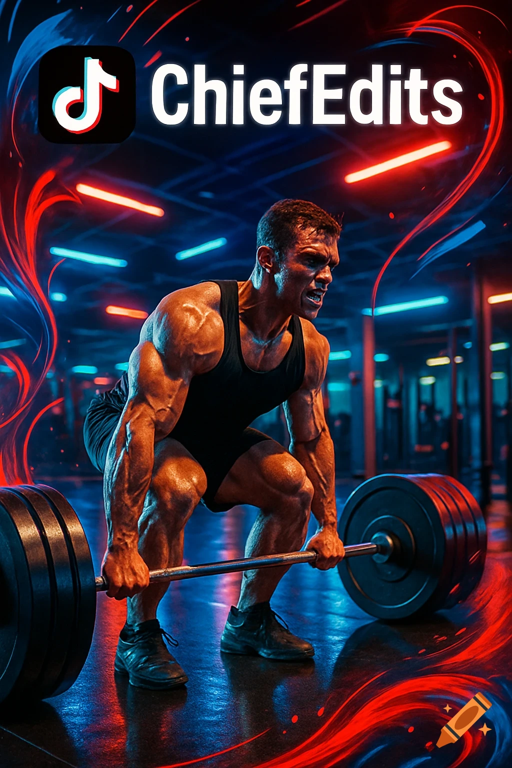 A muscular man in a gym lifts weights, illuminated by red and blue neon lights, with a TikTok logo and 'ChiefEdits' text above.