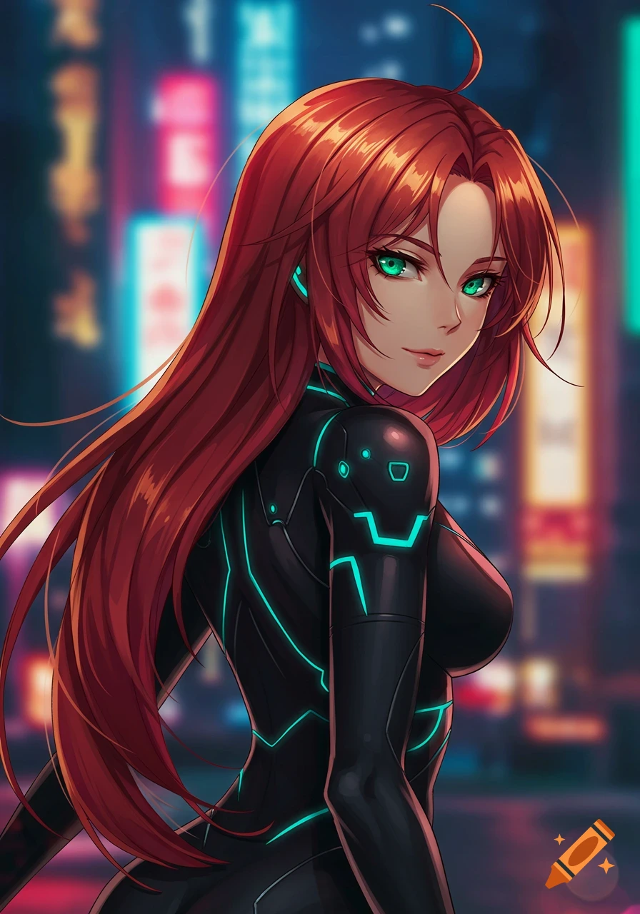 Anime woman with long red hair and glowing green eyes in a black futuristic suit, standing against a blurred neon city background.