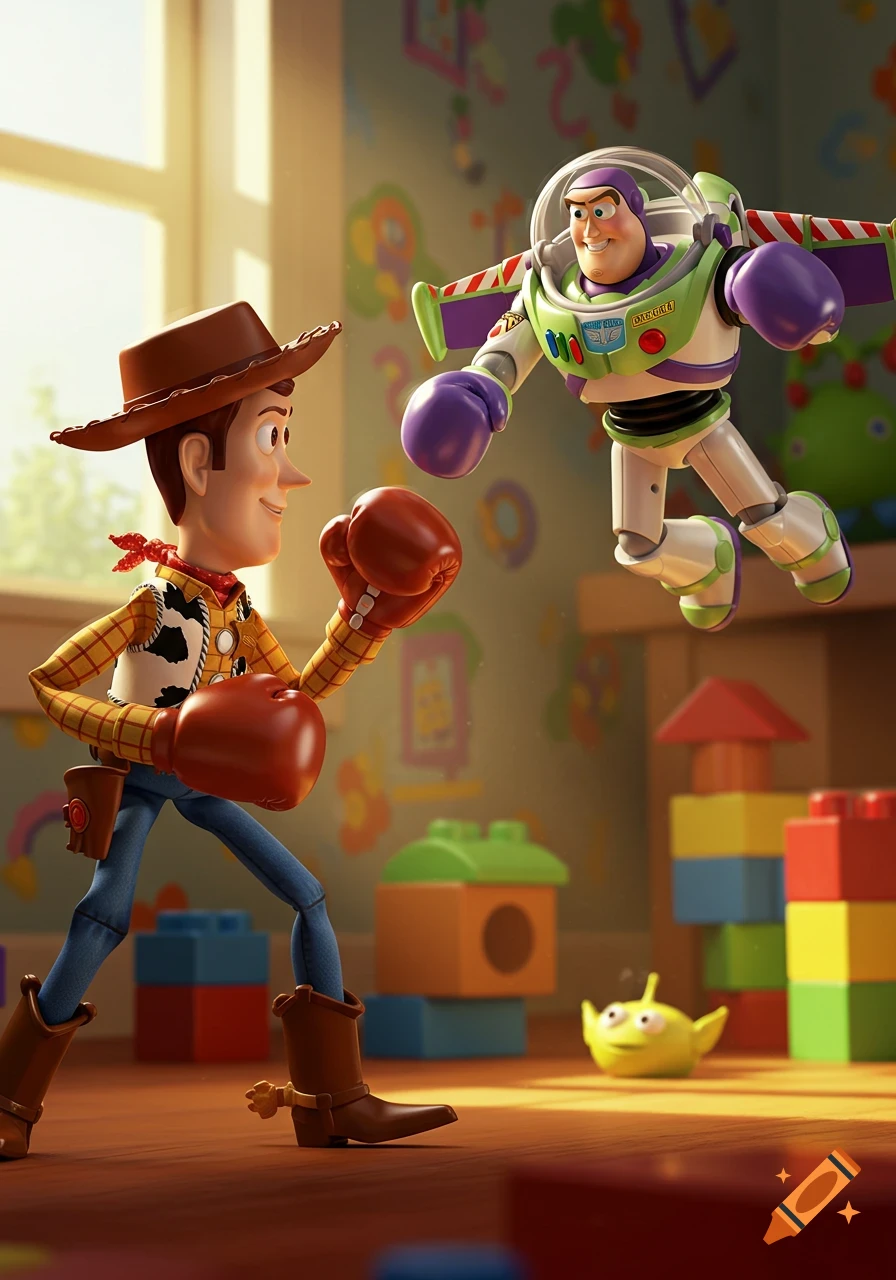 Woody and Buzz Lightyear from Toy Story in a boxing match, wearing red and purple gloves, in a sunlit playroom with colorful blocks.