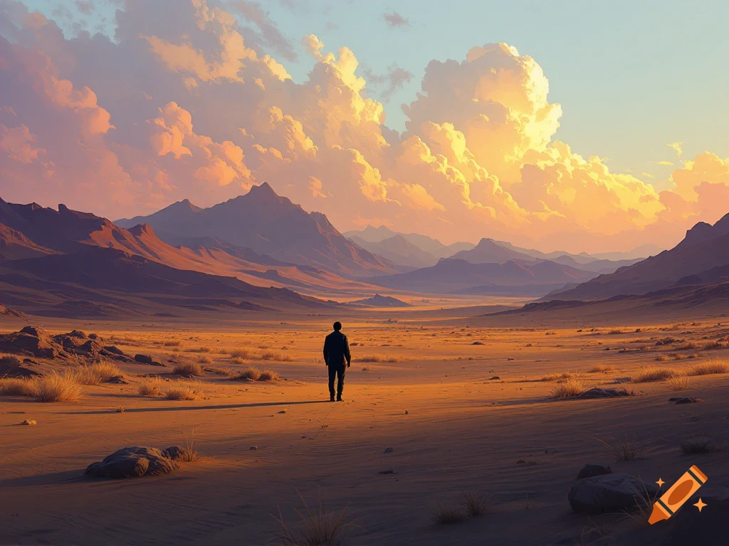 A lone figure walks across a vast, sandy desert landscape towards ...