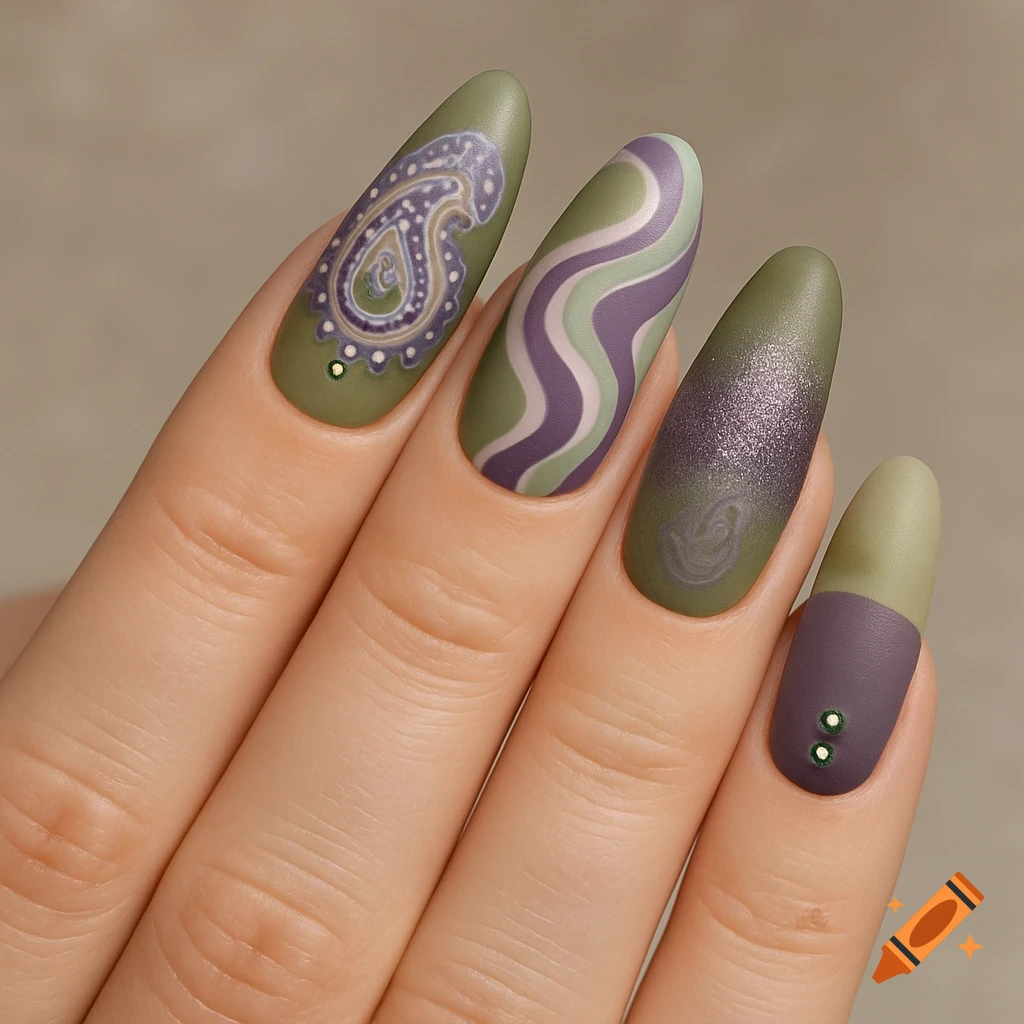 A hand with almond-shaped nails featuring designs in matte olive green and purple, including a paisley pattern, abstract swirls, a glitter gradient, and two-tone nails with small green studs.