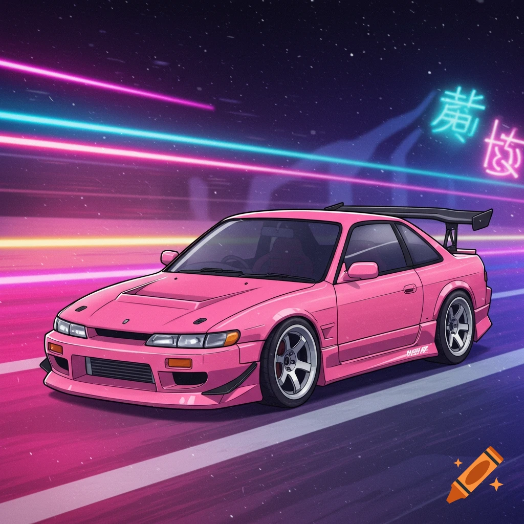 A pink JDM Nissan Silvia S15 sports car, in a chibi cartoon style, on a road with neon lights and a starry background.