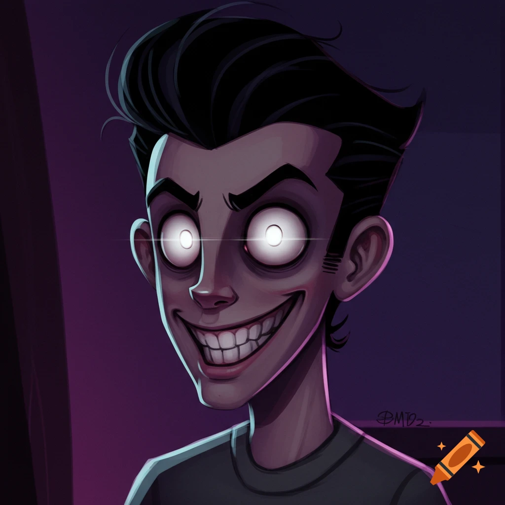 A cartoon portrait of a sinister-looking man with glowing white eyes and a wide, unsettling grin.
