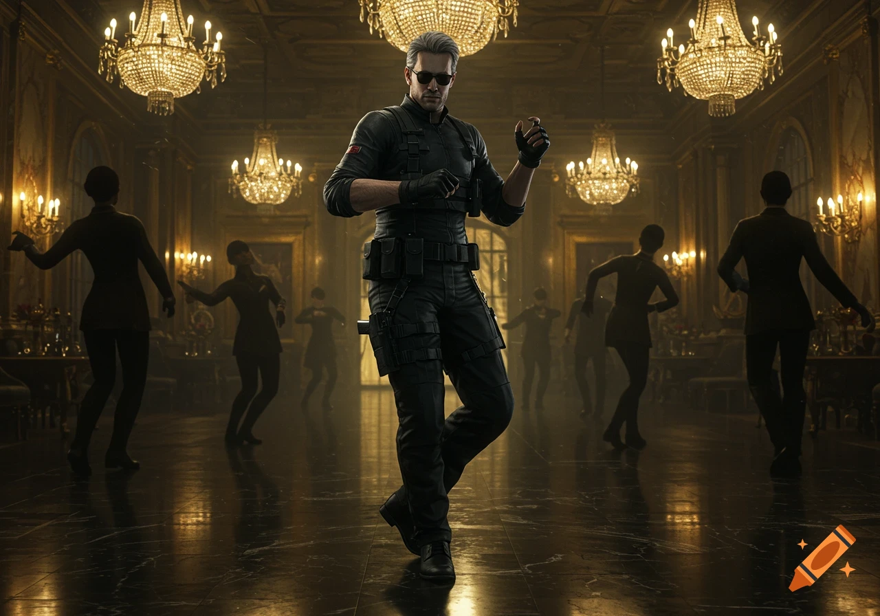Albert Wesker in tactical gear dances in a grand ballroom with ornate chandeliers and silhouetted figures in the background.