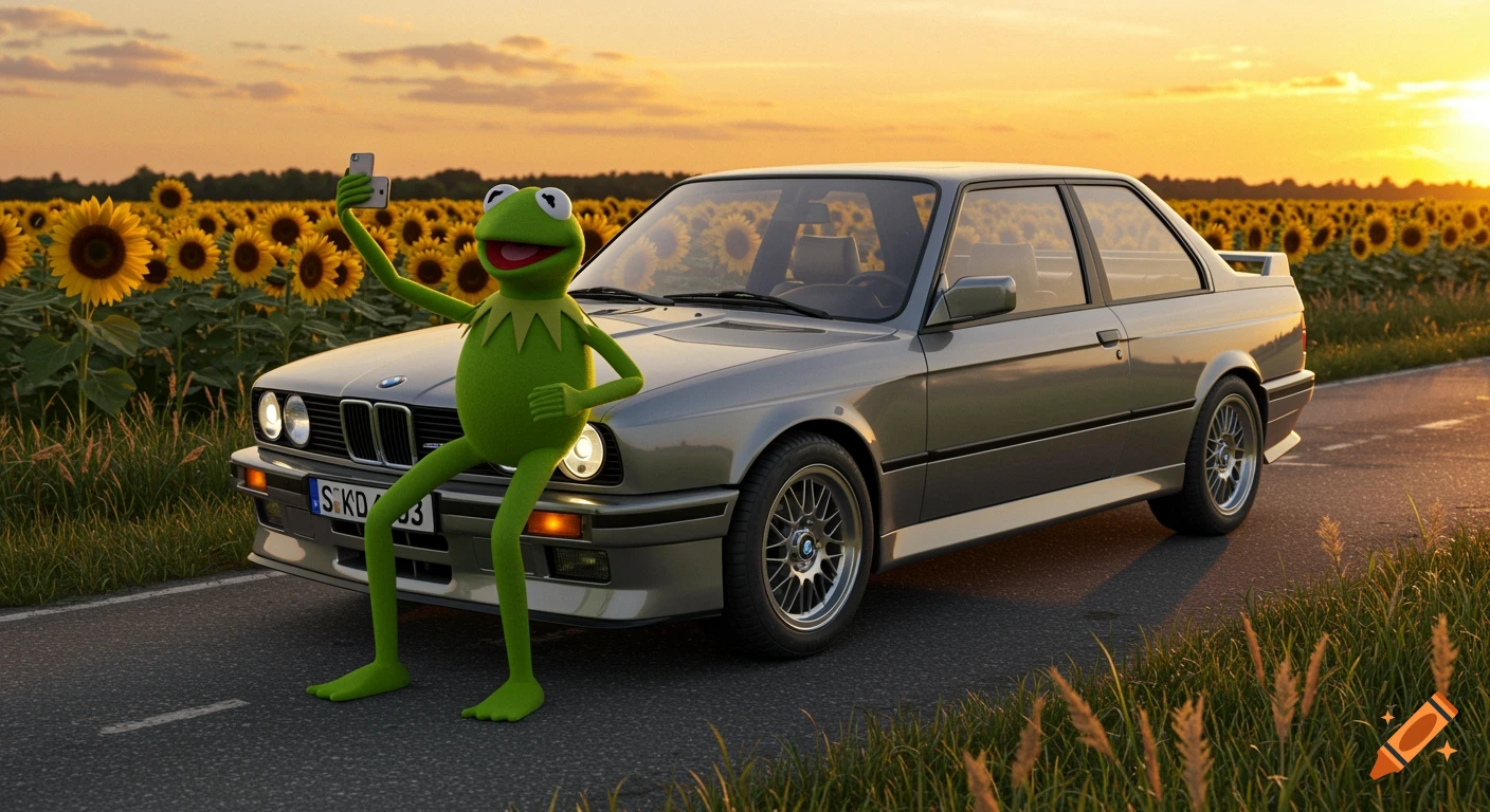 Kermit the Frog takes a selfie with a gray BMW E30 M3 in a vibrant sunflower field at sunset, photorealistic style.
