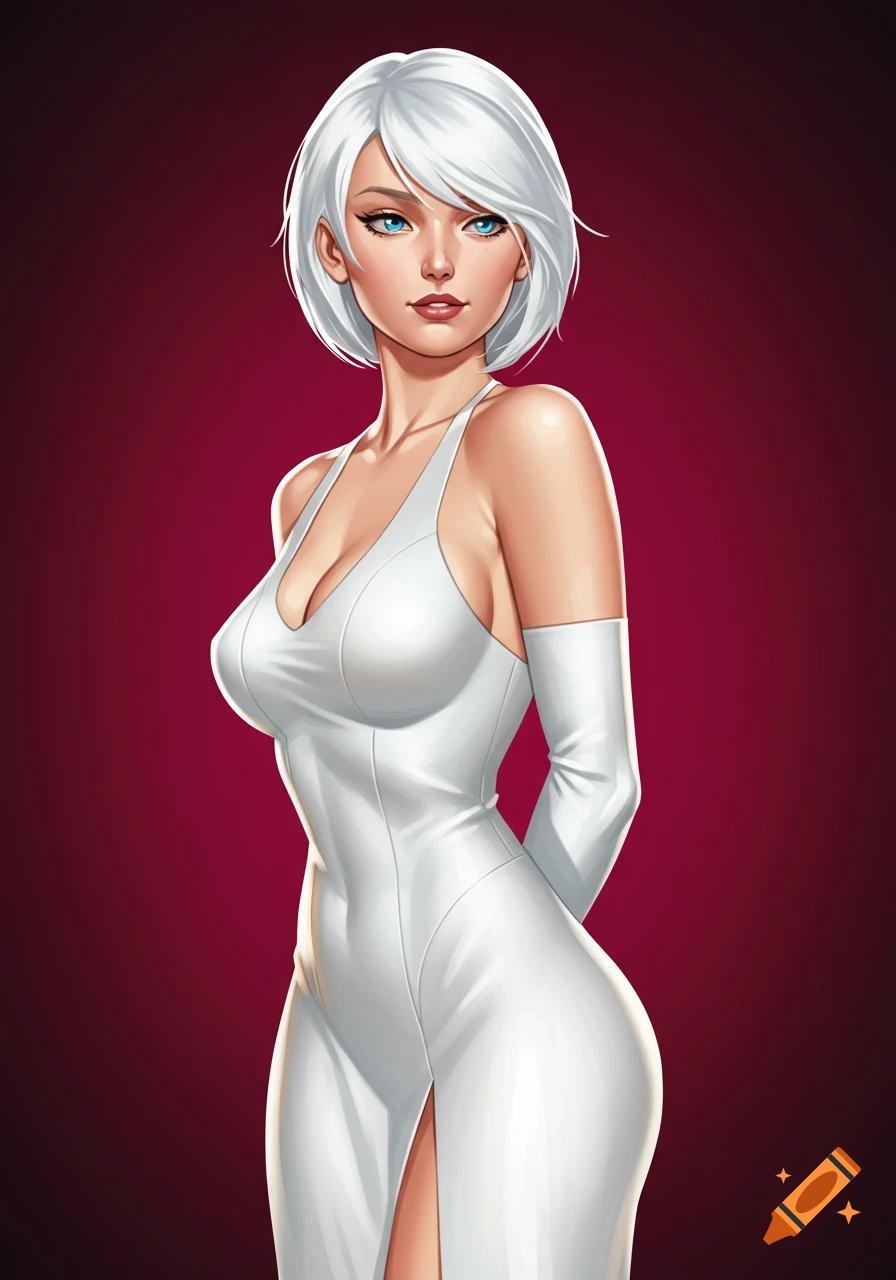 An illustration of a woman with short white hair in a form-fitting white dress and gloves against a red background.