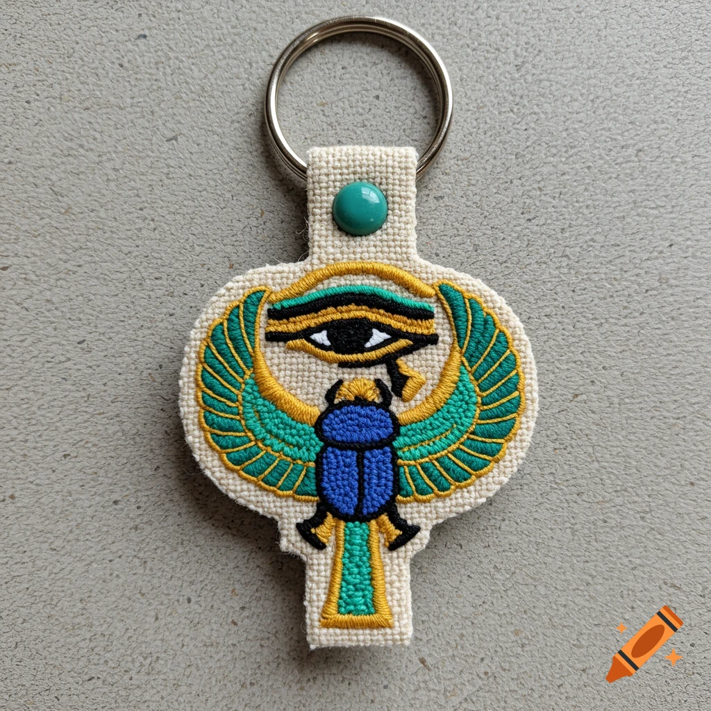 An embroidered keychain featuring an ancient Egyptian Eye of Horus and scarab beetle design in gold, blue, and green on a cream fabric.