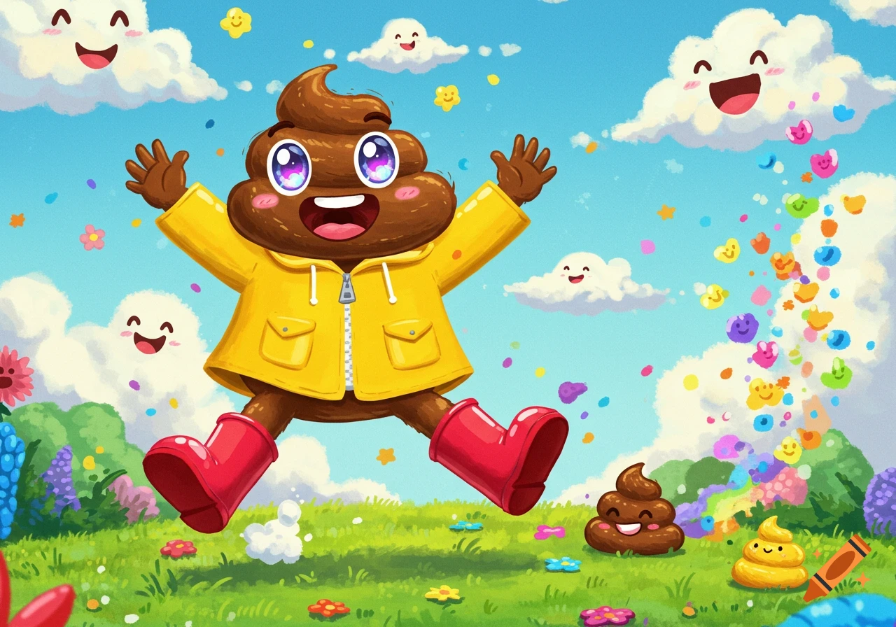 A joyful cartoon poop character in a yellow raincoat jumps in a green field with smiling clouds and colorful flowers.
