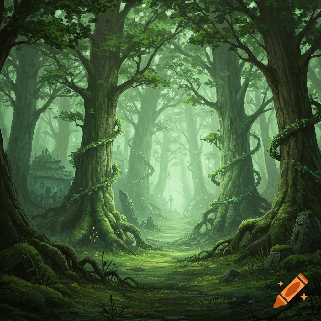 A vibrant, mystical forest scene with towering ancient trees, moss-covered roots, a hidden village, and a path fading into mist.