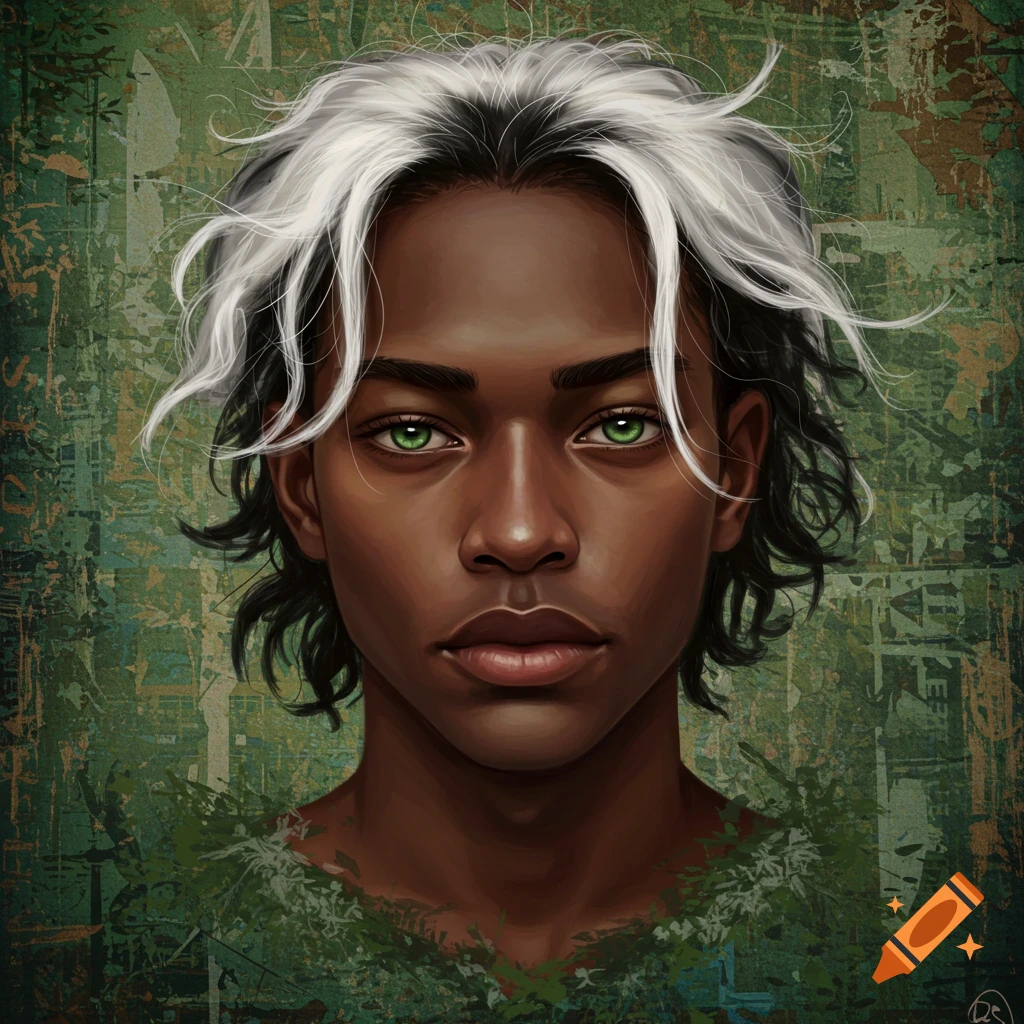 A digital painting portrait of a dark-skinned young man with bright green eyes and messy black and white hair against a textured green background.