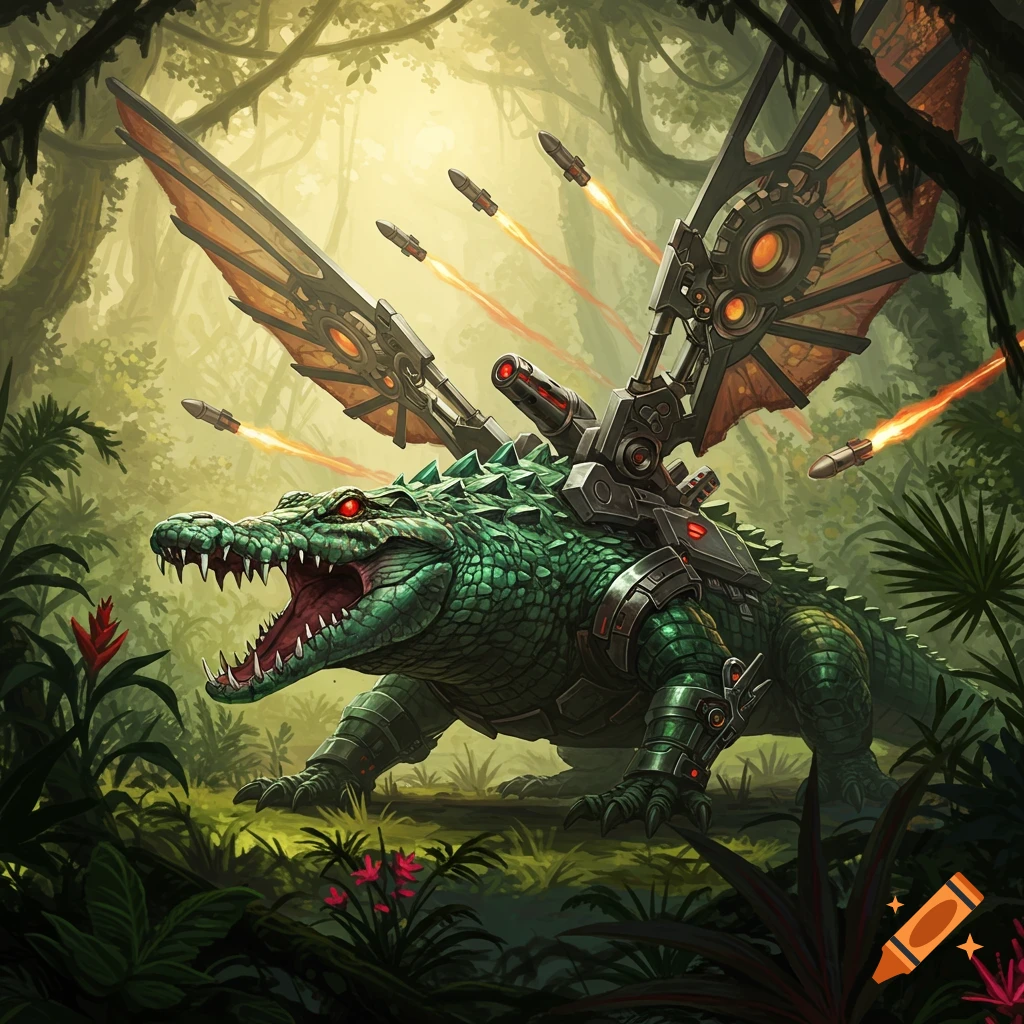 A powerful green crocodile with large mechanical wings and missile launchers on its back, firing missiles in a lush jungle.