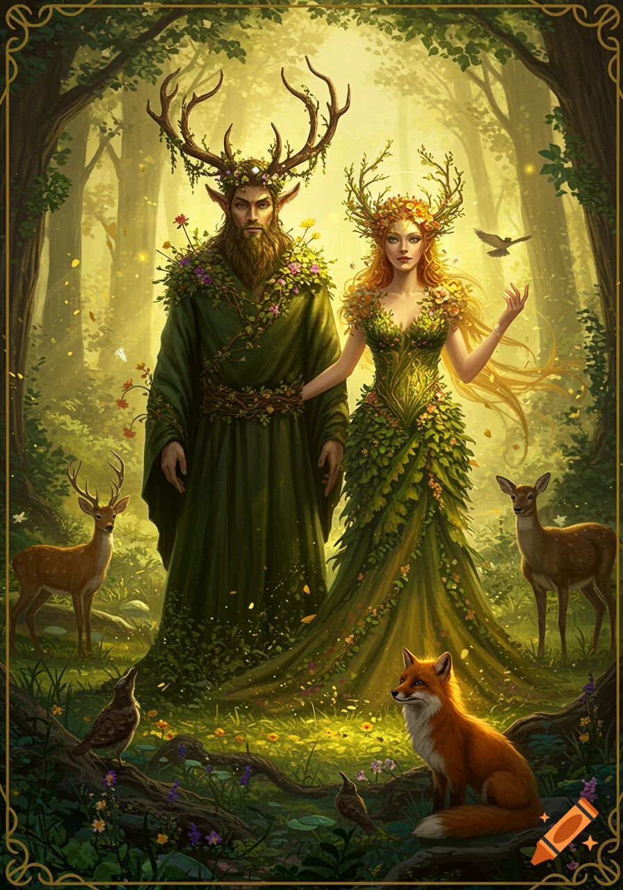 A god and goddess of nature with antlers and leafy garments stand in a sunlit forest with deer, a fox, and birds.