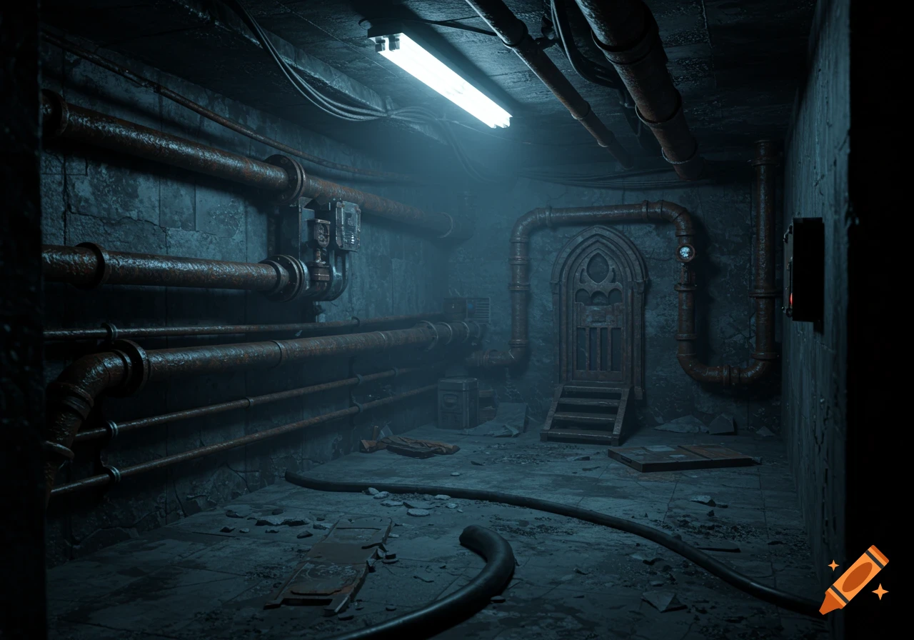 A dark, gritty sci-fi gothic room with rusty pipes, concrete walls, and a foreboding arched doorway, lit by a fluorescent light.