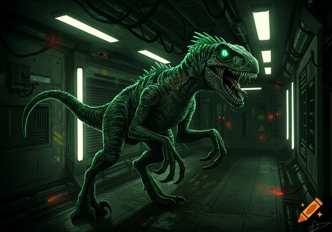 A menacing green raptor-like creature with glowing eyes stands in a dark, sci-fi corridor with glowing lights.