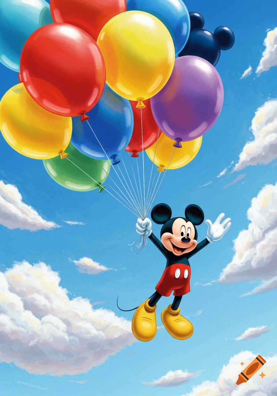 Mickey Mouse floats in a bright blue sky, holding a large bunch of colorful balloons.