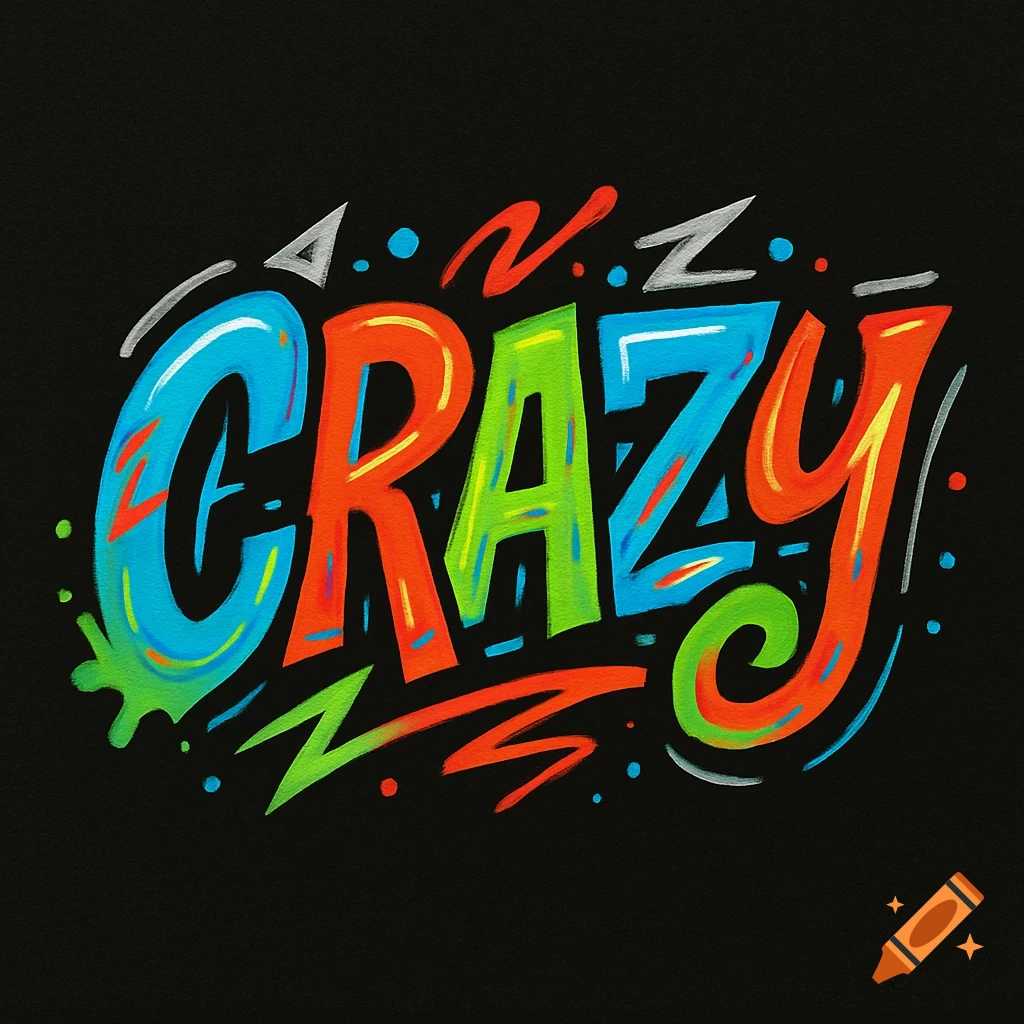 Vibrant, graffiti-style text spelling 'CRAZY' in colorful letters on a black background, with paint splatters and swirls.