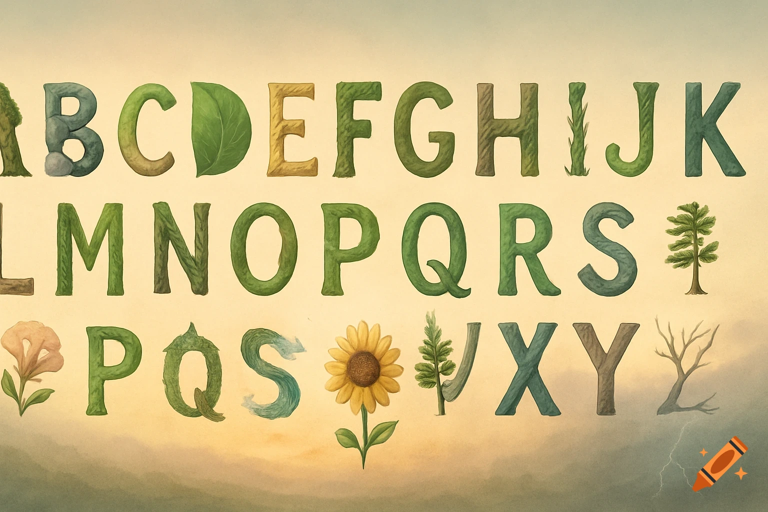 The English alphabet from A to Z, with each uppercase letter stylized as a unique natural element like trees, leaves, rocks, or water, against a warm gradient background.