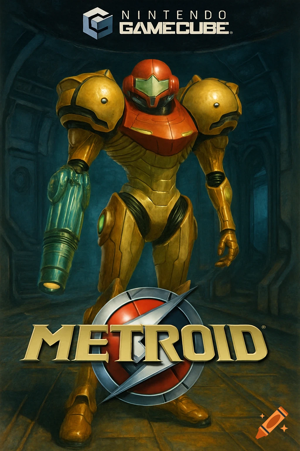 Samus Aran in her Varia Suit stands in a dark corridor, with Nintendo GameCube and Metroid logos prominently displayed.
