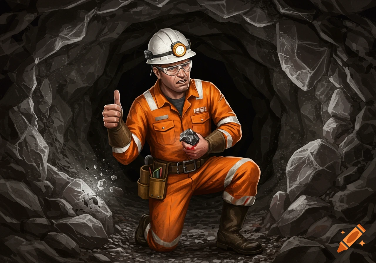 A miner in orange overalls and a hard hat gives a thumbs up while kneeling in a dark mine, holding a piece of ore with a bloody thumb.