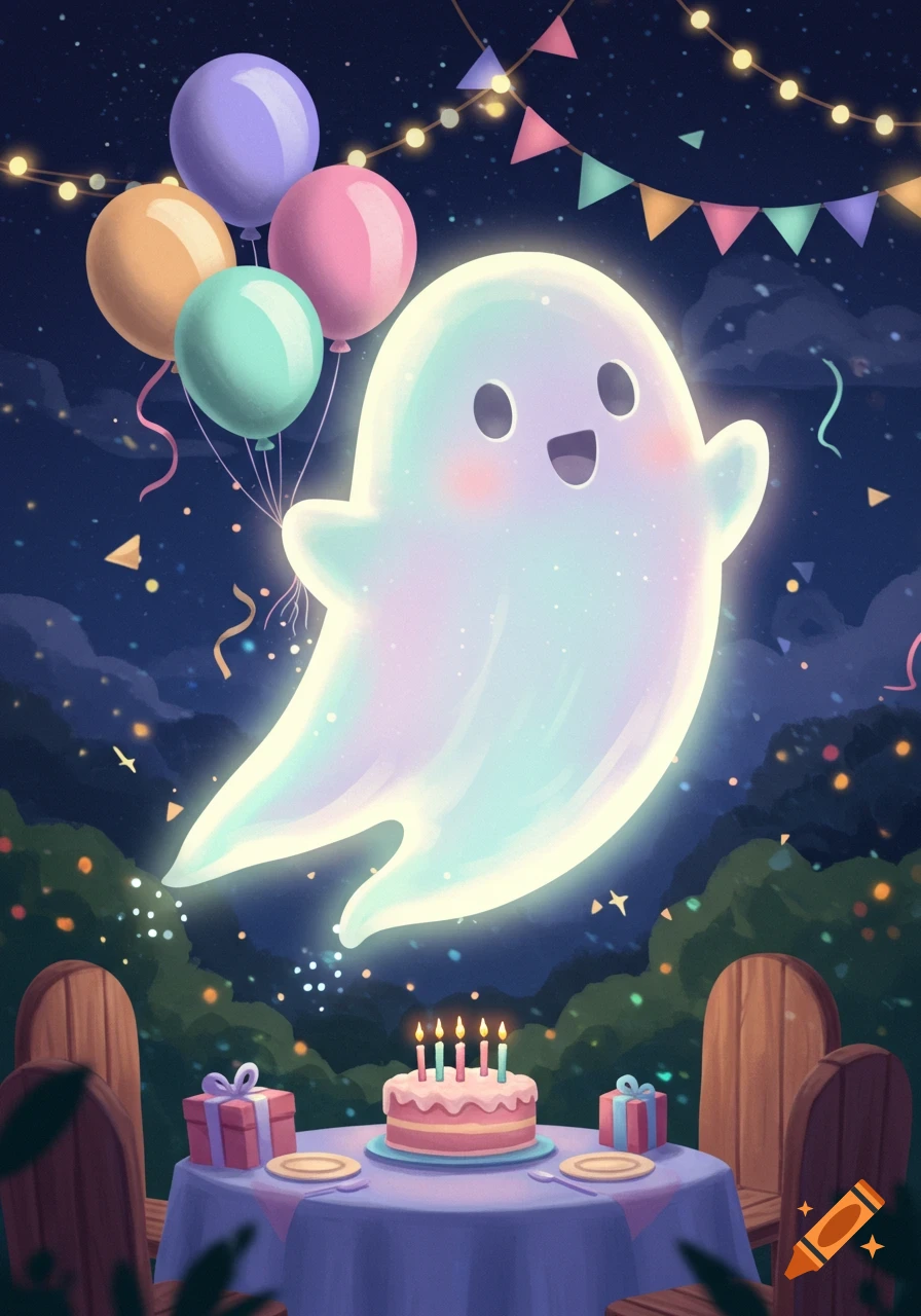 A whimsical, glowing ghost floats above a birthday party table with cake and gifts at night, surrounded by balloons and string lights.