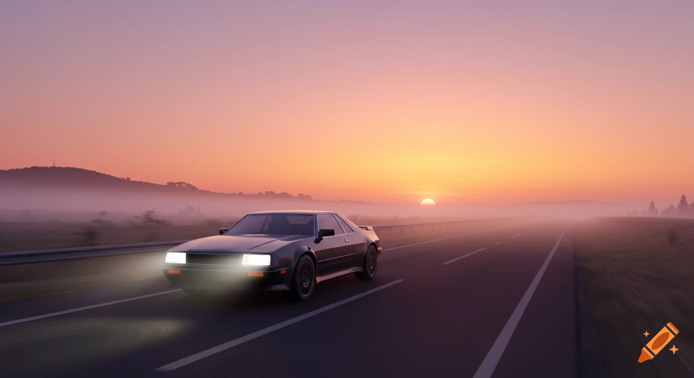 A dark sports car with headlights on drives on a highway towards a vivid orange and pink sunrise, with misty mountains.