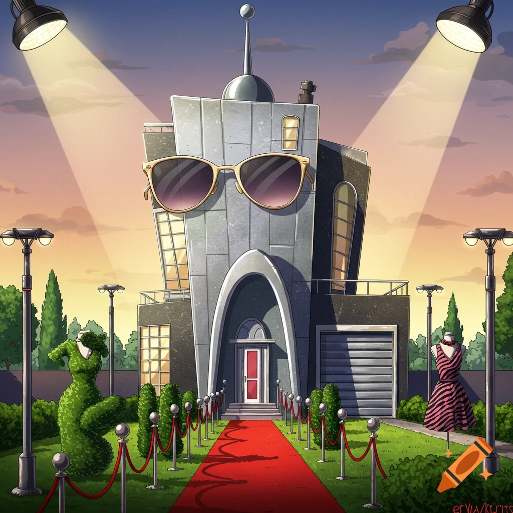 A cartoon-style building shaped like a person wearing sunglasses, with a red carpet, topiaries, and spotlights, set at dusk.