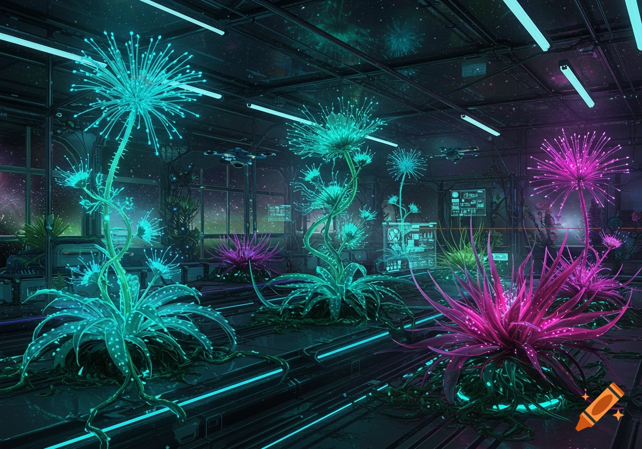 A futuristic greenhouse with vibrant, glowing neon-colored alien plants under artificial lights, with a starry space view outside.