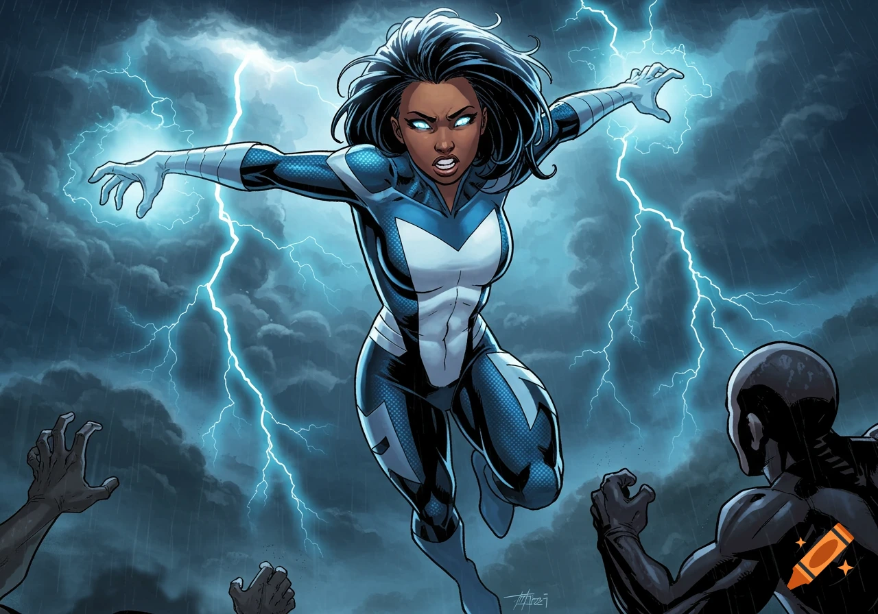 A dark-skinned superhero in a blue and white suit with glowing eyes summons lightning in a stormy sky, facing a dark figure. Comic art.