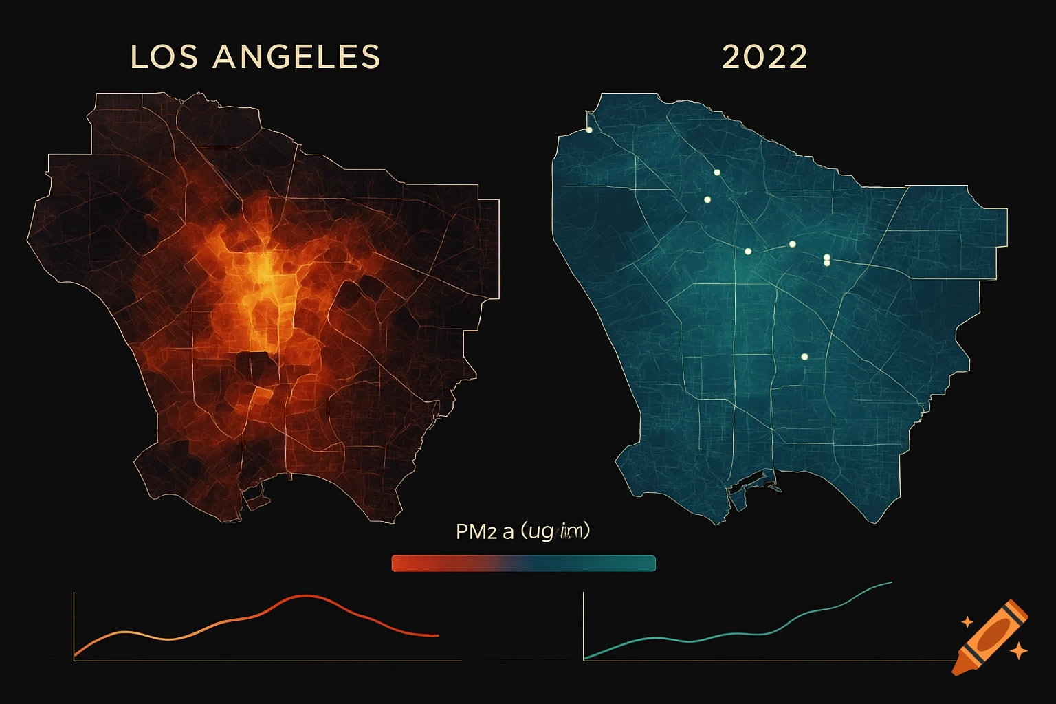 A data visualization showing two stylized maps of Los Angeles, one red-orange and one blue-green, with two line graphs below.