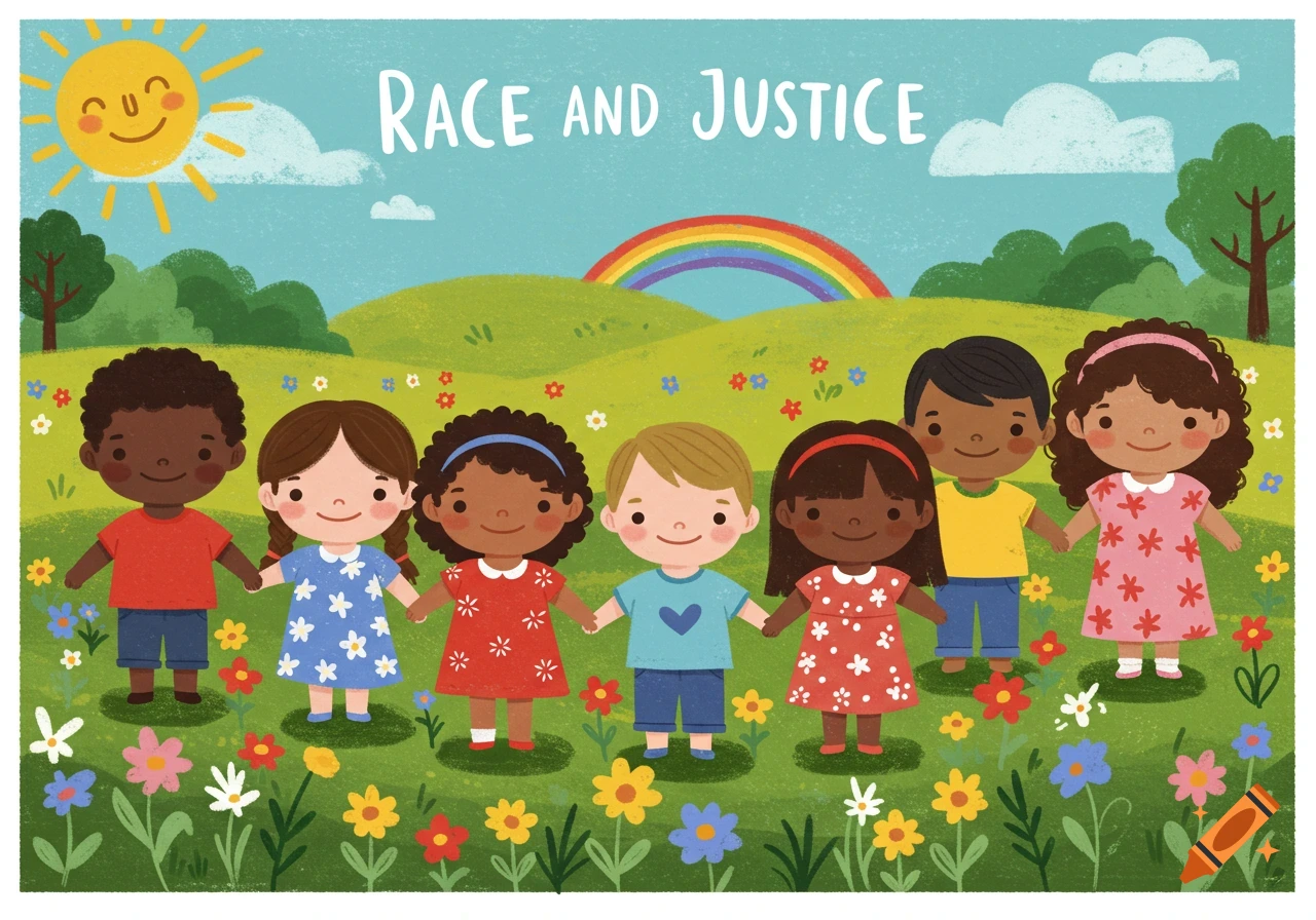 Cute cartoon illustration of diverse children holding hands in a field under a rainbow with 'Race and Justice' text.